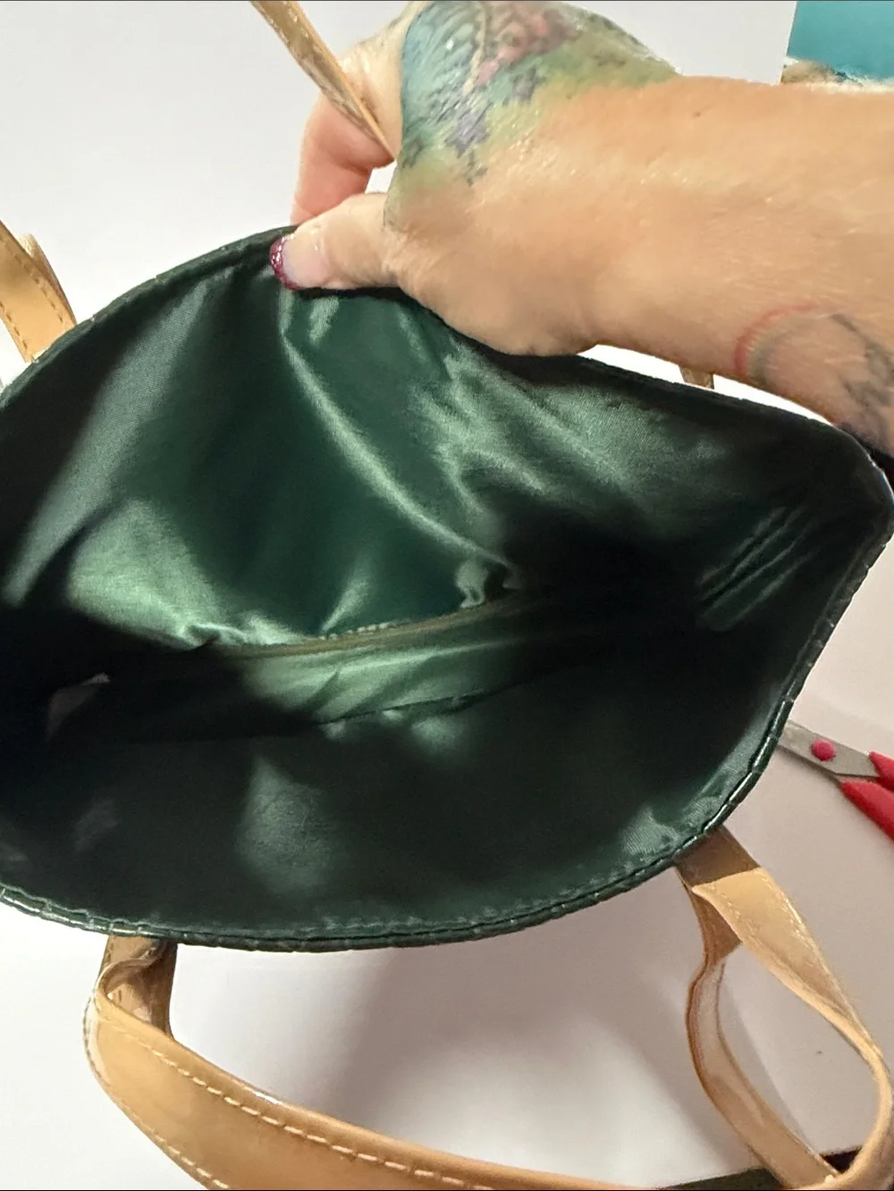 Dark Green Croc-Embossed Tote with Tan Trim